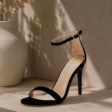 Single black stiletto heel with elegant ankle strap photographed against a minimalist beige luxury