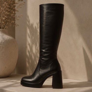 Black knee high boot with chunky heel