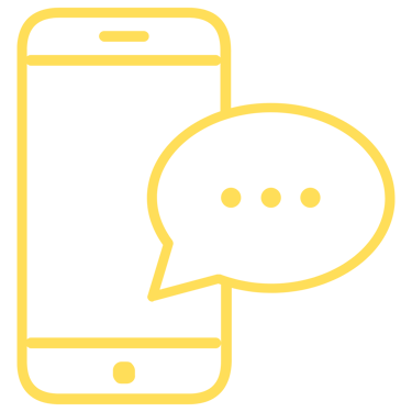 Yellow line icon of a mobile smartphone with a speech bubble for text messaging and chat support.