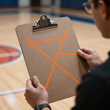 Close-up of a tactical basketball clipboard with sharp orange court-lines drawn on it, held by a coach under dramatic gym lighting.