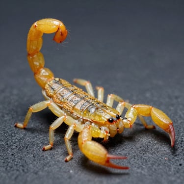 Scientific macro shot of a yellow scorpion, sharp focus on the stinger, high-clarity lighting.