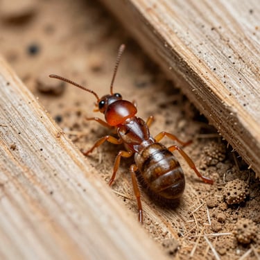 Macro photography of subterranean termites damaging structural wood, clinical high-clarity lighting.