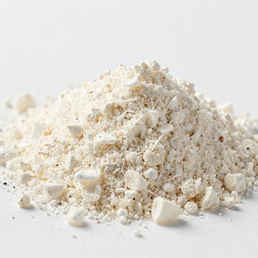 Macro shot of dehydrated white onion powder, clean studio lighting, highlighting fine texture.