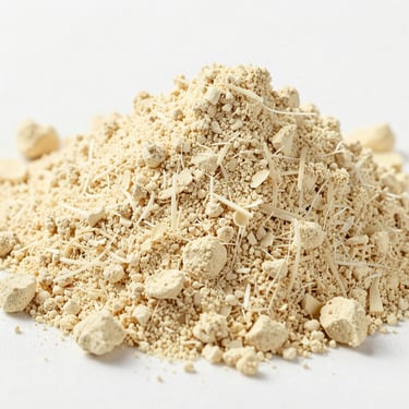 Macro shot of dehydrated ginger powder, light cream color, clean studio lighting.