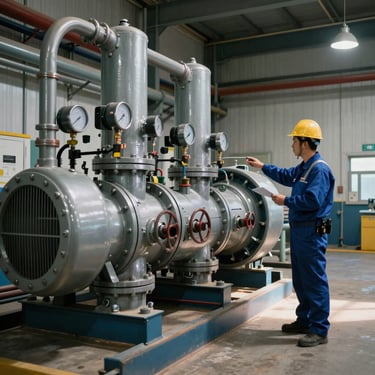 Wide panoramic view of an industrial pump room, an engineer in full PPE inspecting a massive fire pump system with a technical flow meter, high-contrast lighting.