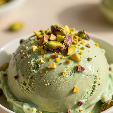 Close-up of green pistachio Maraş ice cream with crushed vibrant Antep pistachios, warm afternoon sun, soft shadows