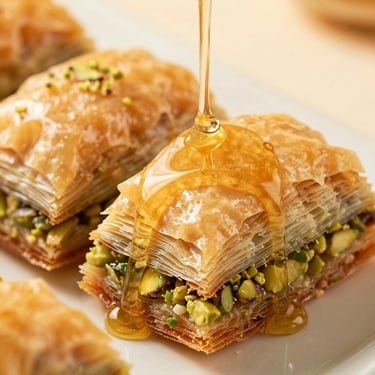 Glistening syrup being poured over fresh crispy baklava layers, warm golden light, macro texture