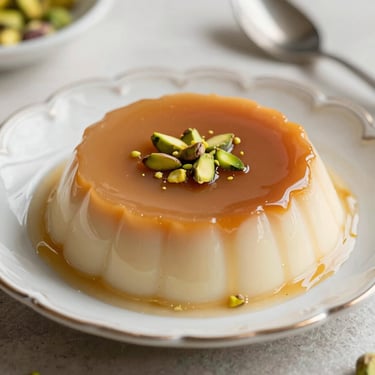 Traditional Turkish caramelized milk pudding, kazandibi, served on a vintage plate, soft side-light
