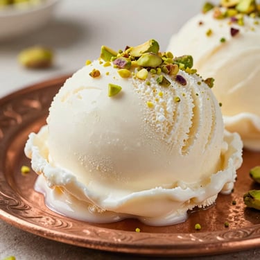 Macro close-up of a slice of pure white Maraş ice cream served on a traditional copper plate, warm side-light, pistachio dust on top