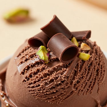 Macro shot of rich chocolate Maraş ice cream slice, chocolate curls on top, warm editorial lighting