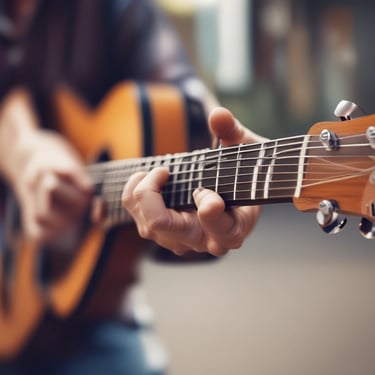 A smiling young woman playing guitar in a bright music classroom.