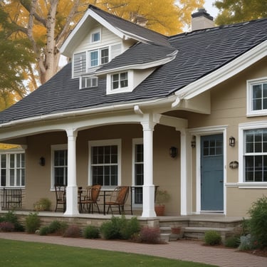 Photo of a happy homeowner standing beside their newly installed seamless gutters on a sunny day.