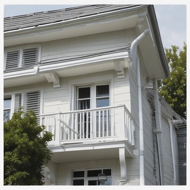 Photo of a happy homeowner standing beside their newly installed seamless gutters on a sunny day.