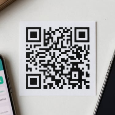 Large square QR code centered on a clean white card surface, photographed flat-lay overhead under soft diffused daylight, smartphone partially visible at the frame edge showing a fare breakdown screen, no text overlays