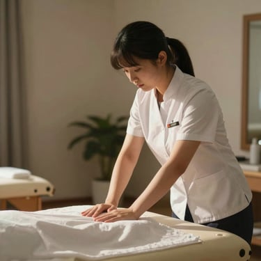 A focused academy student in a crisp uniform practicing a precise massage technique on a massage table, under warm, indirect architectural lighting.