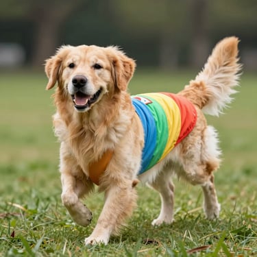 Perro Golden con camiseta de color arcoiris 