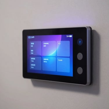 Interior detail of a modern smart home tablet on a wall controlling lighting, reflecting purple and blue ambient light.