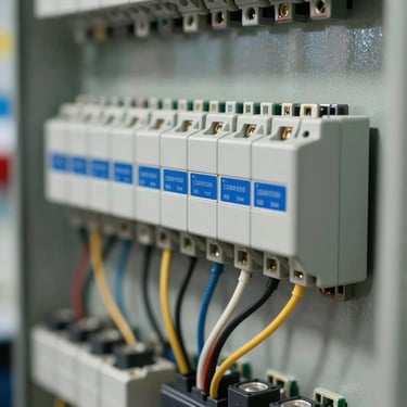 Macro shot of high-quality electrical components and wiring in a tidy distribution board.