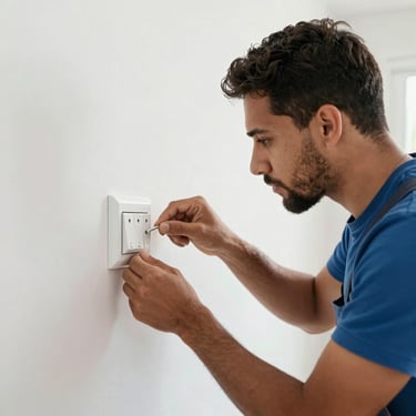 A professional electrician installing a smart switch in a clean, white residential room, South American Brazilian context.