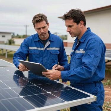 Two technicians in professional blue workwear discussing a solar installation project outdoors in Brazil.