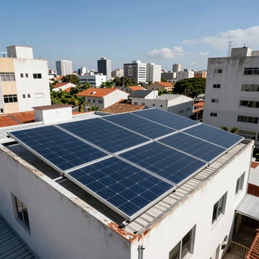A cluster of high-efficiency solar panels installed on a modern residential roof in a South American Brazilian city, bright daylight, blue sky.