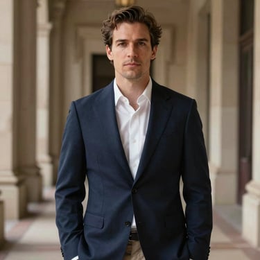A professional portrait of a man in a sophisticated navy blazer, standing in an elegant architectural setting in Washington state. The lighting is warm and timeless.