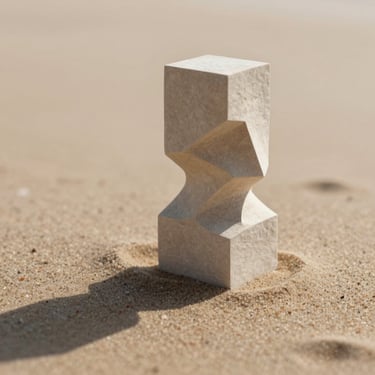 A minimalist, artistic close-up of a stone sculpture or structured paper casting a long shadow on a warm sand background, soft natural light.