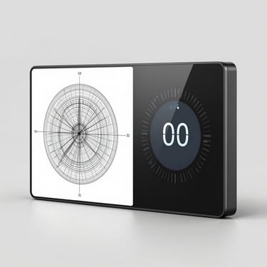 Studio product photography of a sleek matte-black smart thermostat, showing a sharp split-screen transition from a technical 3D CAD wireframe to a hyper-realistic finished render, neutral lighting