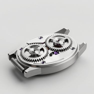A hyper-realistic 3D render of a modern mechanical watch mechanism, exploded view showing gears, crisp neutral lighting, 8k resolution