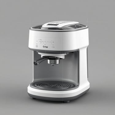 Crisp studio shot of a modern ergonomic kitchen appliance, isolated on a neutral gray background with subtle technical grid lines, high-contrast studio strobe lighting