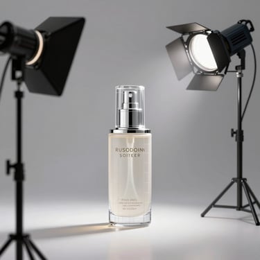 A cinematic behind-the-scenes studio setup with professional lighting rigs focusing on a premium cosmetic bottle, soft atmospheric haze