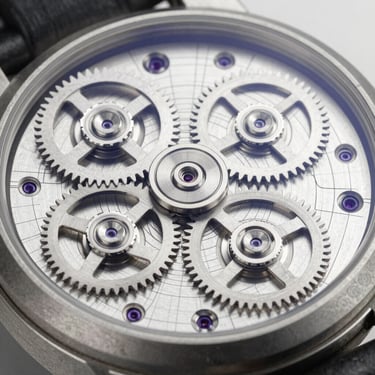 Macro detail shot of a premium mechanical watch movement, sharp focus on metallic gears with technical blueprint lines overlaid, crisp studio lighting