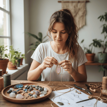 mujer haciendo macramé feliz con piedras preciosas 