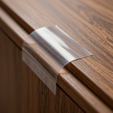 Extreme close-up of clear protective film on a glossy wood trim panel, invisible lines, high-end studio lighting.