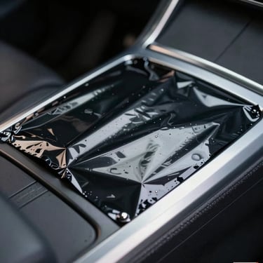 Macro shot of gloss black protective film applied to a center console, deep reflection, sharp highlights.