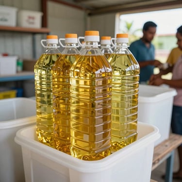 A large industrial plastic container of vegetable cooking oil in a clean pantry setting.
