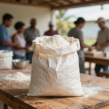 A professional paper sack of baking flour on a wooden prep table, warm natural light.
