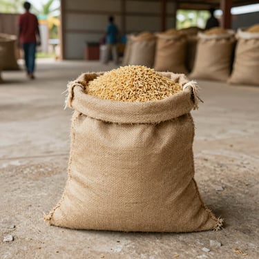 A large stitched burlap sack of brown rice resting on a clean warehouse floor, warm daylight.