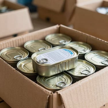 A cardboard case of canned sardines, one tin resting on top showing clean packaging.