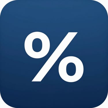 Flat minimalist vector icon of a simple percentage symbol on a solid deep blue rounded square background, high contrast, clean lines, no text