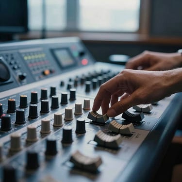 Close-up of a vintage analog soundboard in a recording studio, hands adjusting a dial under soft natural window light, deep blue tones, shallow depth of field, 35mm.
