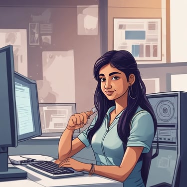 Smiling young woman working on a laptop surrounded by data charts and software icons.