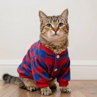 Un adorable gato atigrado con una camisa blanca de flores con ribetes naranjas está sentado sobre un