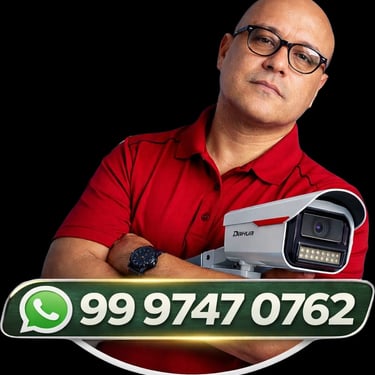 Security expert holding a Dahua CCTV surveillance camera with a WhatsApp contact number for service.