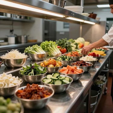 Wide environmental shot of a catering prep kitchen, stainless surfaces lined with prepped ingredient bowls under warm overhead light, a cook's arm reaching across the frame, no faces visible