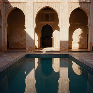 A sun-drenched riad courtyard pool reflecting symmetrical arches, midday sun casting sharp geometric shadows, warm editorial photography.