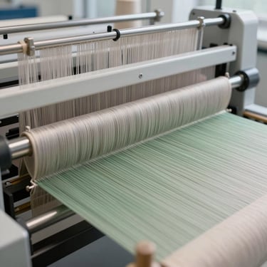 Modern industrial loom machinery in action, soft motion blur of green and neutral threads, clean high-tech laboratory environment, soft lighting