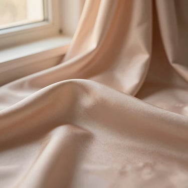 Close-up of premium sand-washed silk fabric texture, warm golden-hour window light, muted blush tones.