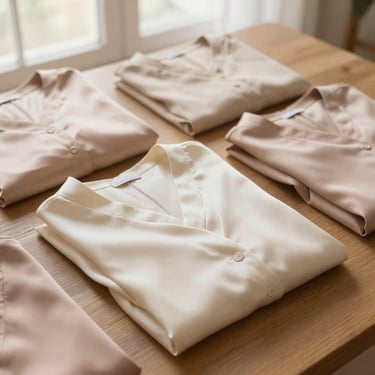 Clean minimalist flat-lay of folded cream and blush silk garments on a wooden table, soft morning daylight.