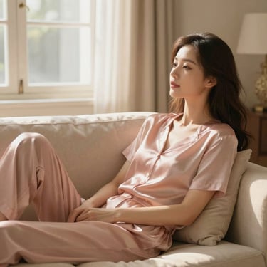 A woman relaxing in a softly lit, elegant living room wearing a blush pink silk set, warm morning daylight.